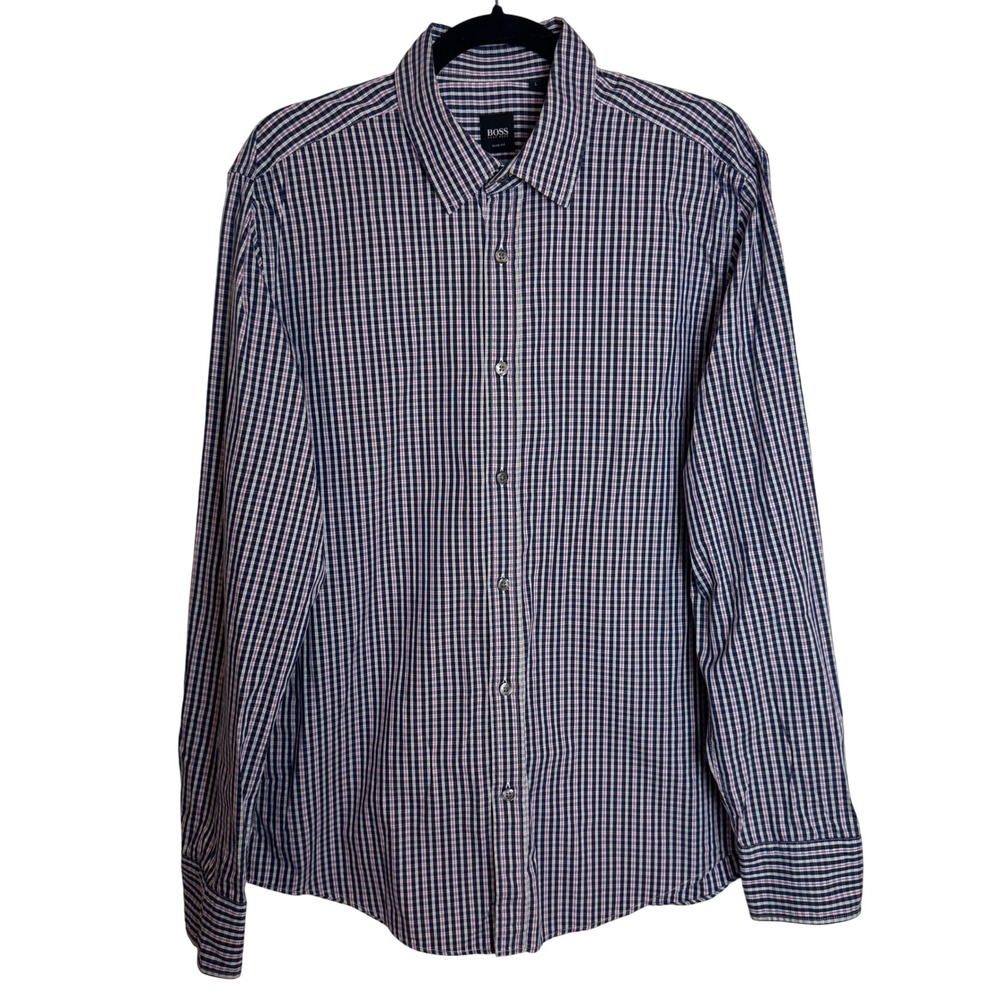 Hugo Boss Mens‎ Sz L Slim Fit Micro Check Button Down Shirt Navy Purple